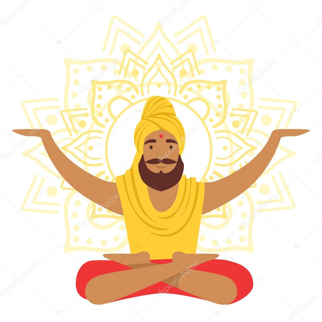 Yogi man in yoga lotus pose and with arms raised, colorful character vector Illustration