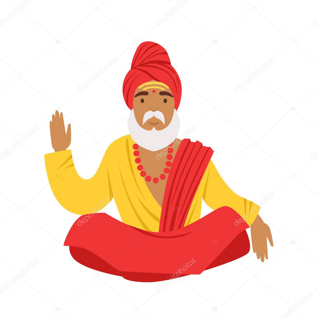 Yogi man in yoga lotus pose, wearing traditional Indian clothes. Colorful character vector Illustration