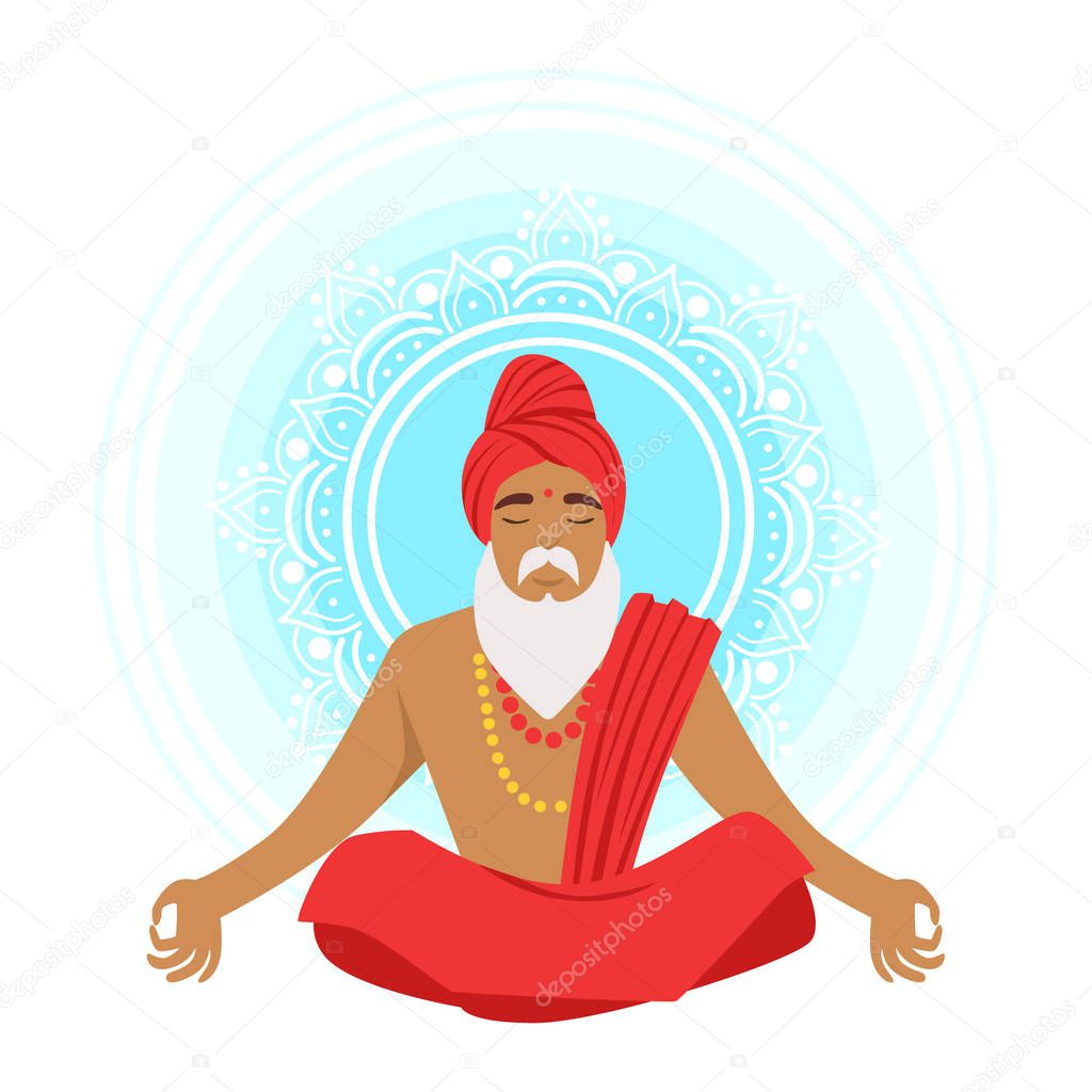 Meditating yogi man in yoga lotus pose, colorful character vector Illustration