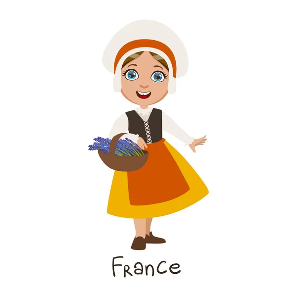 Mädchen in französischer Landstracht, mit traditioneller Haube und Schürze für die Nation — Stockvektor