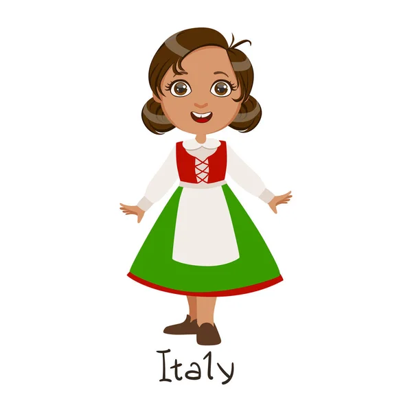 Menina na Itália País roupas nacionais, vestindo saia verde e avental tradicional para a nação — Vetor de Stock