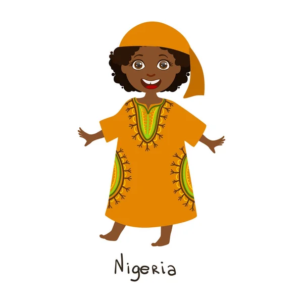 Flicka i Nigeria land nationella kläder, bär Orange klänning nd Bandana traditionella för nationen — Stock vektor