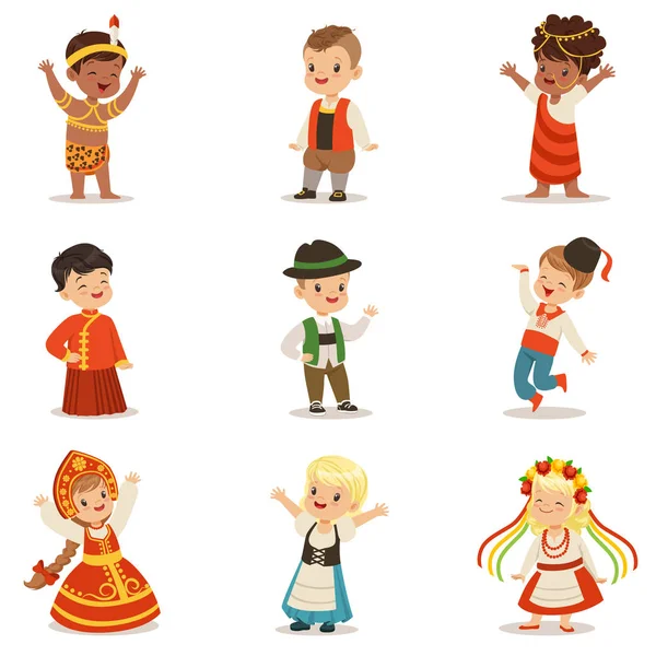 Kids Wearing National Costumes Of Different Countries Set Of Cute Boys And Girls In Clothes Representing Nationality — Stock Vector