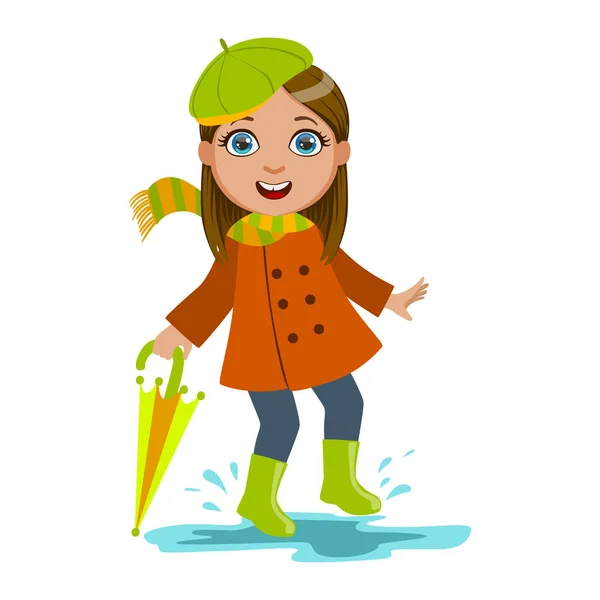 Flicka i grön basker med paraply, Kid i höst kläder i höst säsongen Enjoyingn regn och regnigt väder, stänk och vattenpölar — Stock vektor