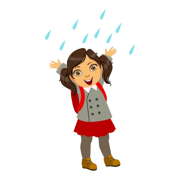 Girl In School Uniform, Kid In Autumn Clothes In Fall Season Enjoyingn Rain And Rainy Weather, Splashes And Puddles (dalam bahasa Inggris) - Stok Vektor