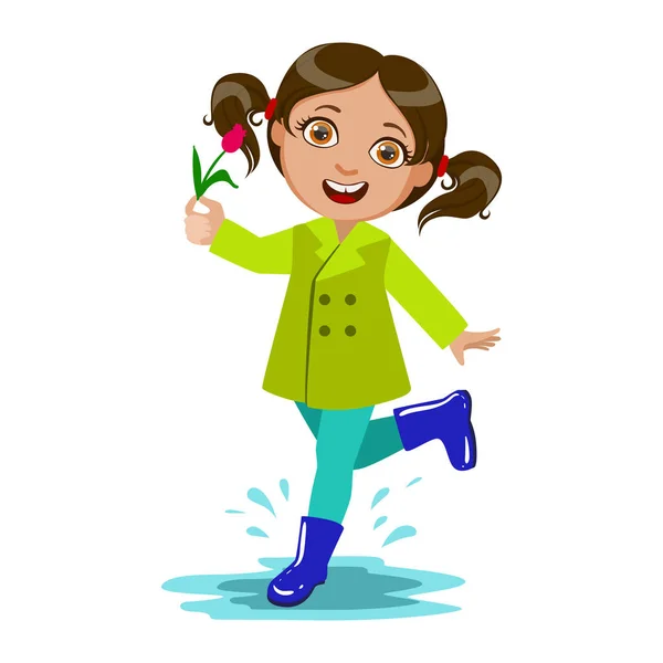 Girl With The Flower, Kid In Autumn Clothes In Fall Season Enjoyingn Rain And Rainy Weather, Splashes And Puddles — Stock Vector
