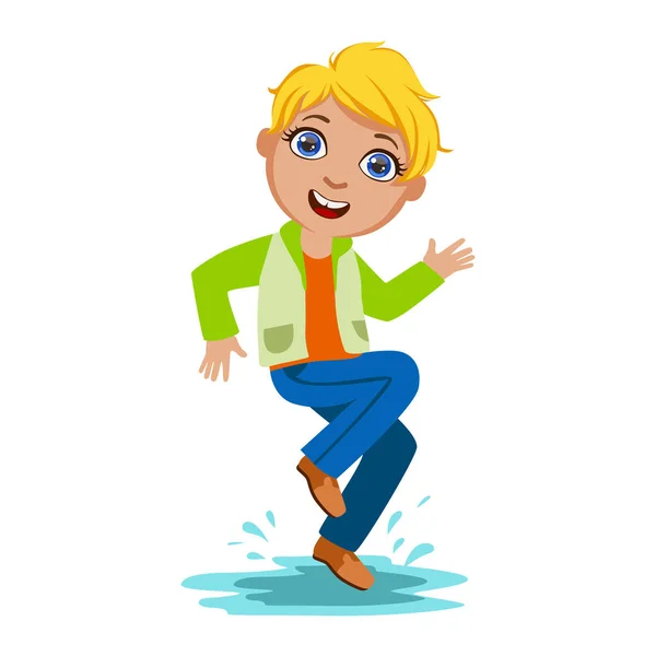 Хлопчик танцює розщеплюючи воду, дитина восени одяг восени сезон насолоджується дощем і дощовою погодою, розщепленнями і калюжами — стоковий вектор