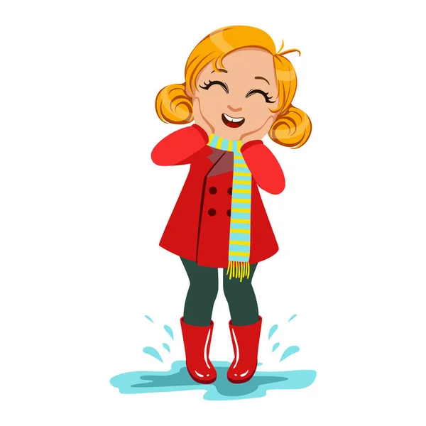 Girl In Red Coat And Rubber Boots, Kid In Autumn Clothes In Fall Season Enjoyingn Rain And Rainy Weather, Splashes And Puddles — Stock Vector