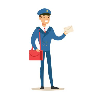 Postacı mavi üniformalı bir mektup Holding, bir gülümseme ile postacı görevlerini yerine getiren posta teslimi