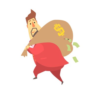 Milyoner Rich Man ile büyük çanta dolusu para, komik karikatür karakter yaşam tarzı durum delikten düşen faturaları kaçmak