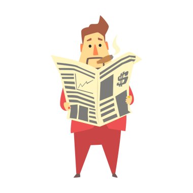Milyoner zengin adam gazete, komik karikatür karakter yaşam tarzı durum mali haber okuma