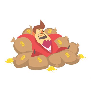 Milyoner zengin adam para torbaları üzerinde döşeme altın sikke, komik karikatür karakter yaşam tarzı durum ile dolu