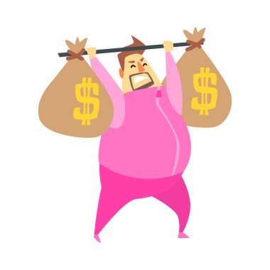 Milyoner zengin adam elinde iki büyük para çanta, komik karikatür karakter yaşam tarzı durum halter pembe eğitim elbiseli