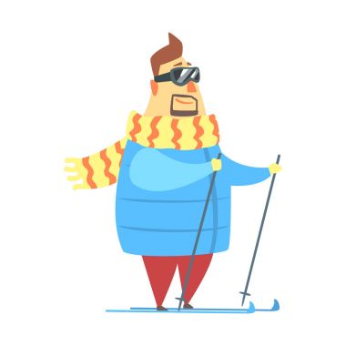 Milyoner zengin adam kayak dağ tatil, komik karikatür karakter yaşam tarzı durum