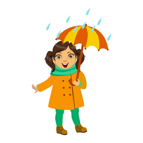 Dziewczyna w żółtym fartuchu i szalik, dziecko w jesienne ubrania w upadku sezon Enjoyingn deszcz i deszczowa pogoda, odpryskami i kałuże — Wektor stockowy