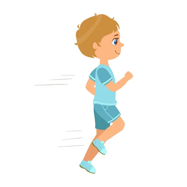 Liten pojke som körs i en blå skjorta och shorts och leende, en färgstark karaktär — Stock vektor