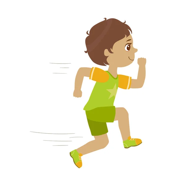 Liten pojke som körs i en grön skjorta och shorts, kid i en rörelse, en färgstark karaktär — Stock vektor
