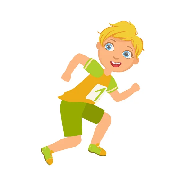 Boy running in yellow shirt with number one, a colorful character — Stock Vector