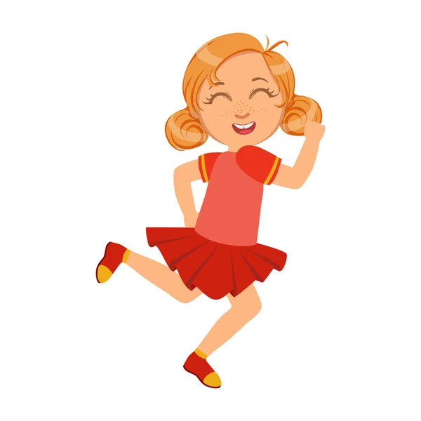 Lycklig liten flicka kör och leende i röd klänning, en färgstark karaktär — Stock vektor