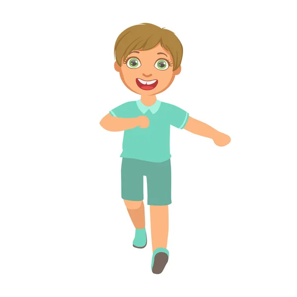 Little boy running in a blue shirt and shorts and smiling, front view, a colorful character — Stock Vector