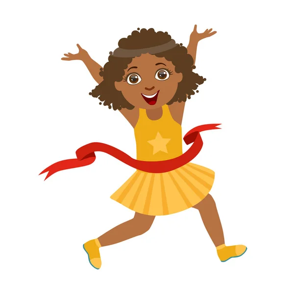 Glad tjej kör till mållinjen först i gul klänning, en färgstark karaktär — Stock vektor