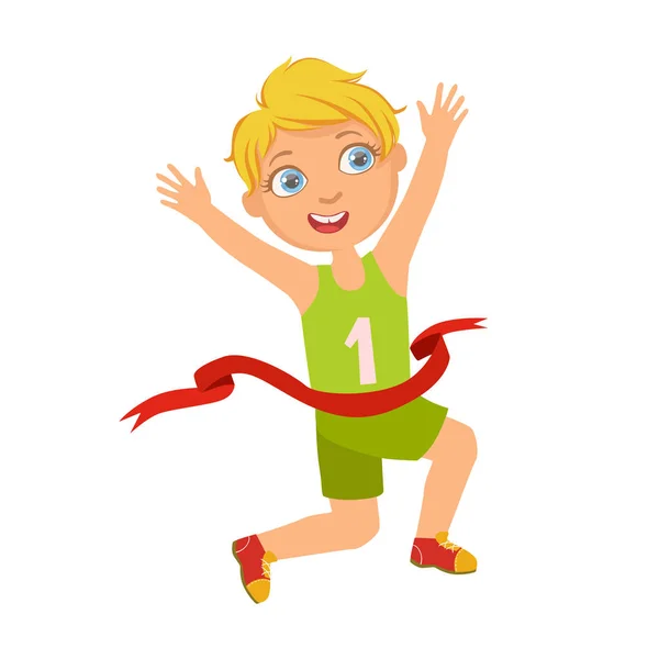 Boy run to the finish line first, a colorful character — Stock Vector