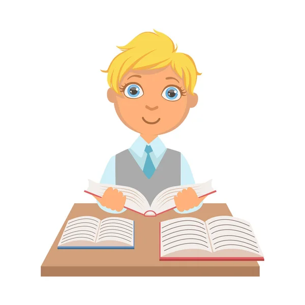 Estudiante de primaria sentado en el escritorio y leyendo un libro, un personaje colorido — Vector de stock