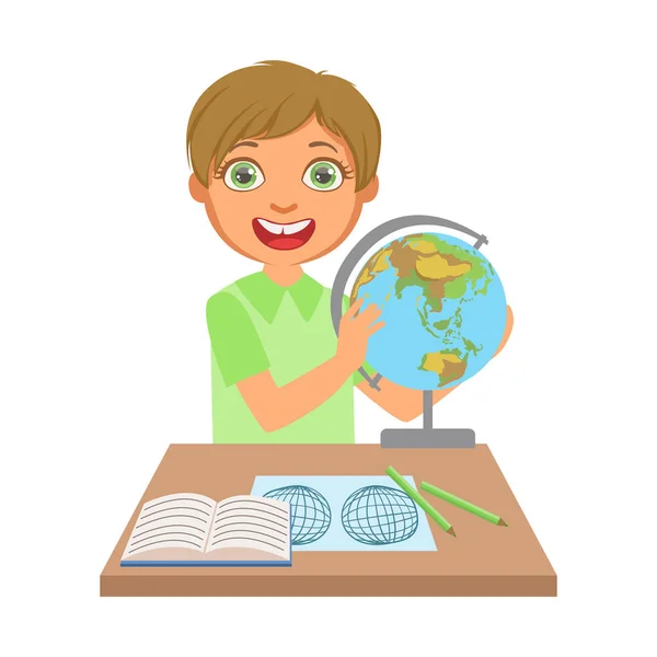 Niño estudiando geografía con globo en la mesa de estudio, un personaje colorido — Archivo Imágenes Vectoriales