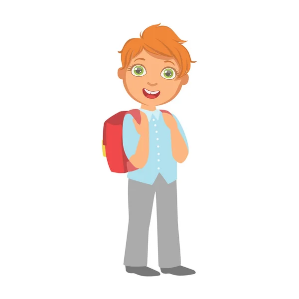 Glücklicher kleiner Schuljunge mit rotem Rucksack, ein farbenfroher Charakter isoliert auf weißem Hintergrund — Stockvektor