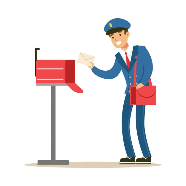 Postman In blauwe Uniform leveren van E-mail, brieven aanbrengend Mailbox, dat Mailman taken vervult met een glimlach — Stockvector