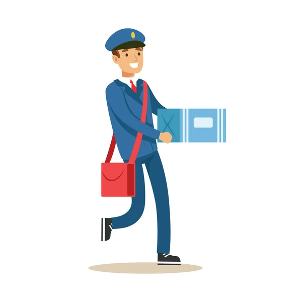 Postman In blauwe Uniform leveren van Mail, uitvoering van een karton Bax perceel, dat Mailman taken vervult met een glimlach — Stockvector