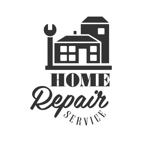 Modelo preto e branco do projeto do sinal do serviço da reparação e da renovação com texto, silhueta e chave da casa — Vetor de Stock