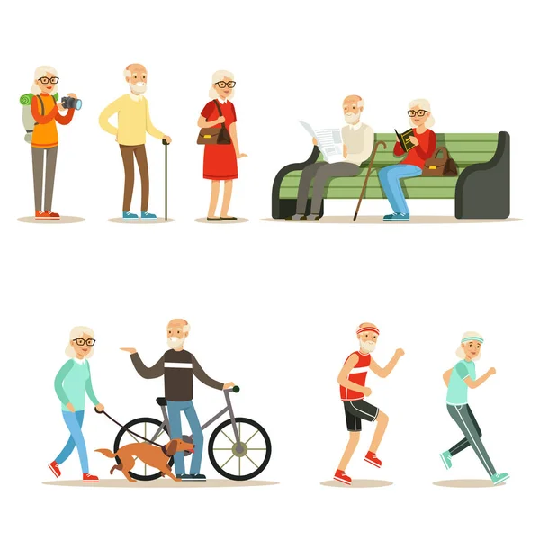 Old People Living Full Live And Enjoying Their Hobbies And Leisure Collection Of Smiling Elderly Cartoon Characters - Stok Vektor