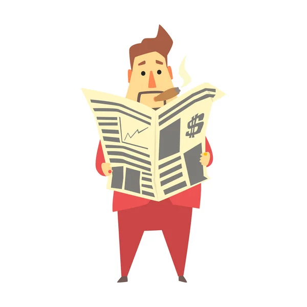 Millonario hombre rico leyendo noticias financieras en el periódico, divertido personaje de dibujos animados situación de estilo de vida — Archivo Imágenes Vectoriales