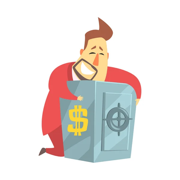 Milioner Rich Man przytulanie jego pudełko metalowe Bezpieczne pieniądze, śmieszne kreskówki charakter życia sytuacji — Wektor stockowy