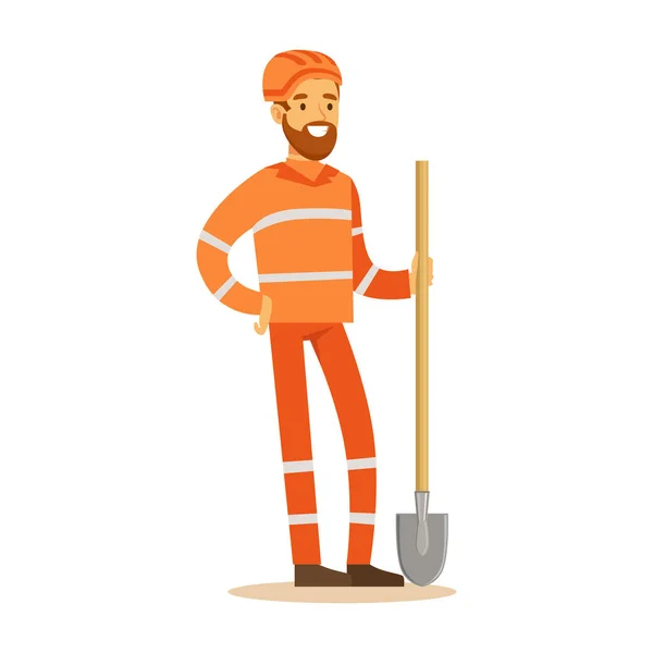 Travailleur de la route en uniforme orange avec pelle, une partie des travaux routiers et chantier de construction série d'illustrations vectorielles — Image vectorielle