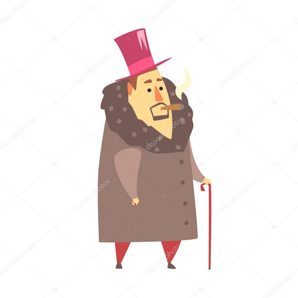 Millionaire Rich Man In Coat And Top Hat Smoking Cigar ,Funny Cartoon Character Lifestyle Situation