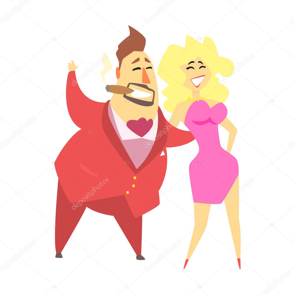 Millionaire Rich Man Walking Holding Around A Waist A Pretty Blond Sexy Woman,Funny Cartoon Character Lifestyle Situation