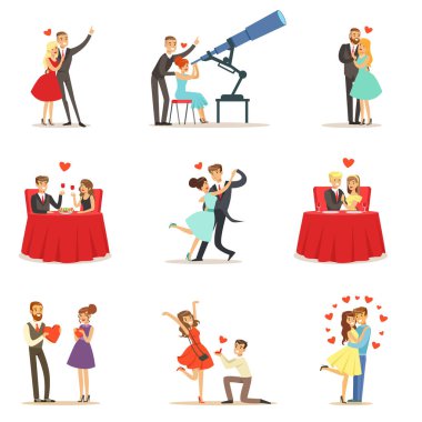 Çiftler aşk romantik Sevgililer günü içinde tarih, aşık ve romantik topluluğu vektör çizimler
