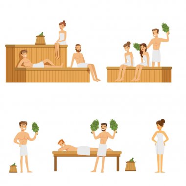 Sauna ve Buhar House sevgi dolu zevk sıcak Buhar yordamlar Rus Birch Twigs ile insanlar
