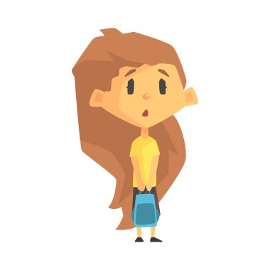 Şaşırttı ve uzun kahverengi saçlı, ilkokul çocuğu, temel sınıf üyesi, üzgün kız izole genç öğrenci karakter