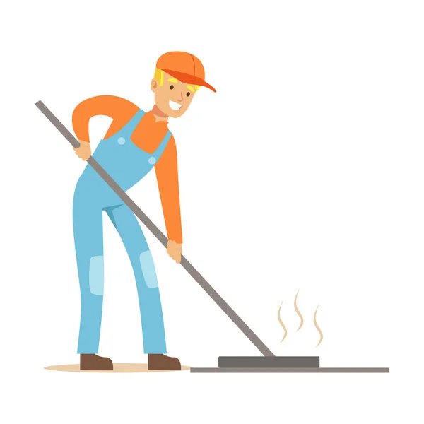 Road Worker Levelling Asphalt With Rake , Part Of Roadworks And Construction Site Series Of Vector Illustrations — Stock Vector