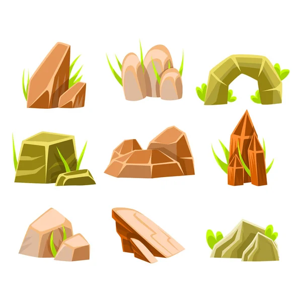 Rocas marrones naturales y verdes de diferentes formas Colección de elementos de diseño de paisaje para el juego flash — Vector de stock