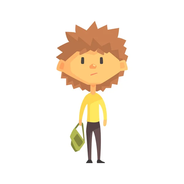 Serious Boy With Spiky Brown Hair, Primary School Kid, Elementary Class Member, Isolated Young Student Character — Stock Vector