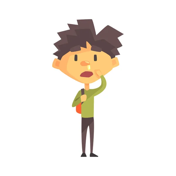 Pojke i grön tröja med rinnande näsa, grundskola Kid, elementär klassmedlem, isolerade ung Student karaktär — Stock vektor
