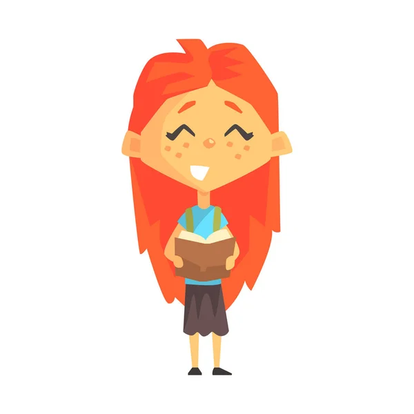 S úsměvem Redhead dívka čtoucí knihu, člen psi, základní třídy základní školy, izolován mladý Student charakter — Stockový vektor