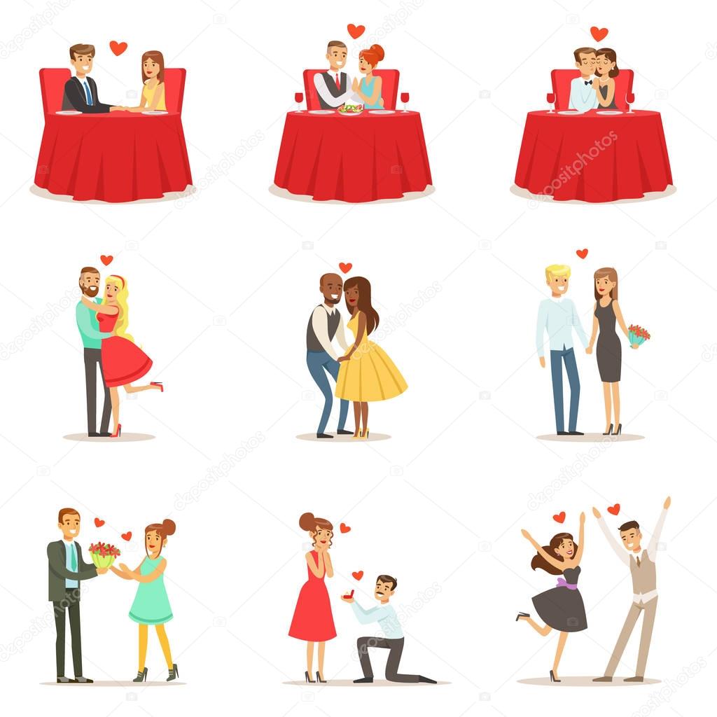 Couples In Love Romantic St. Valentine s Day Date, Lovers And Romance Set Of Vector Illustrations
