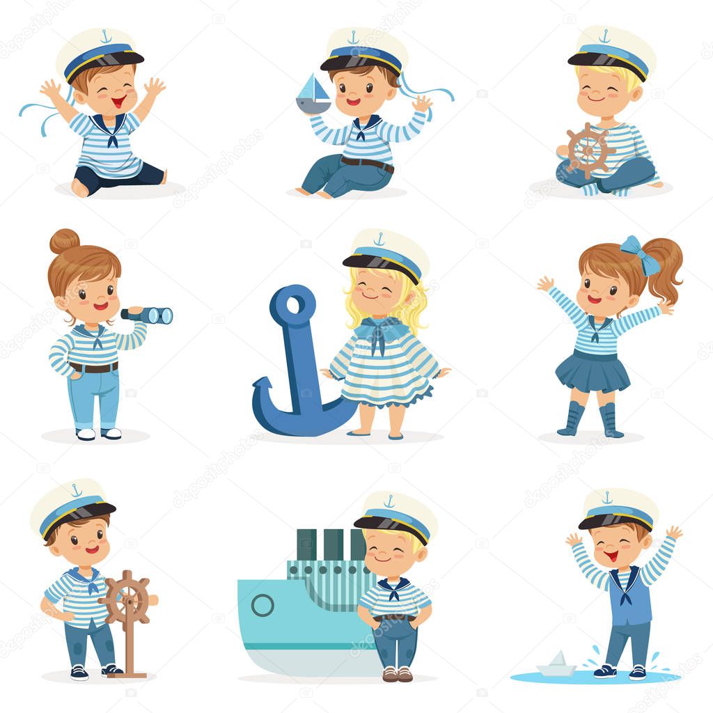 Small Children In Sailors Costumes Dreaming Of Sailing The Seas, Playing With Toys Adorable Cartoon Characters