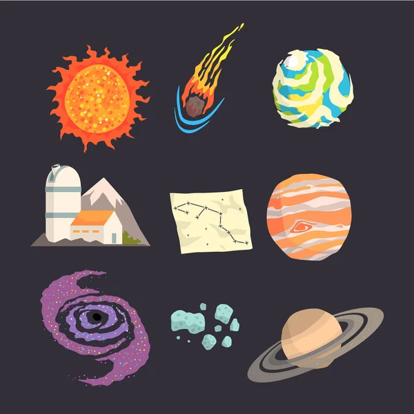 Objetos del sistema solar establecidos. Colorida colección de cosmos, ciencias planetarias, astronomía Ilustraciones — Vector de stock