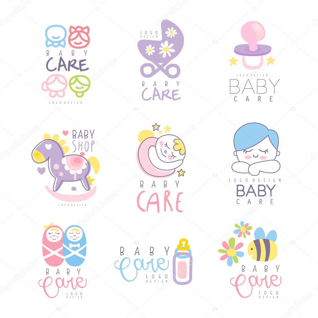 Baby care set for logo design. Colorful hand drawn vector Illustrations for baby goods, care belongings, products, kid store, advertising